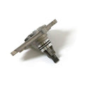 Silver metal water pump housing with black impeller and mounting flange for Polaris UTVs.