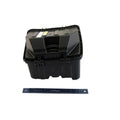 Black rectangular plastic airbox with vented top and ridged design, shown next to a blue ruler for scale.