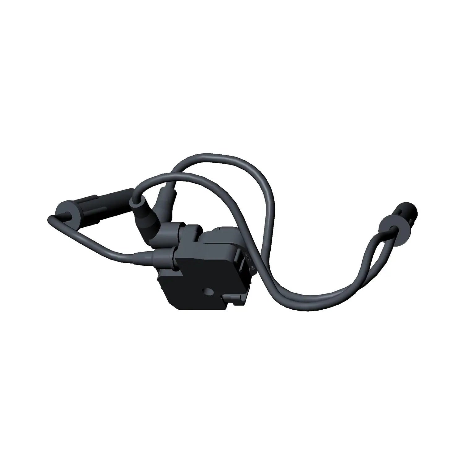 Black ignition coil with integrated leads and connectors designed for motorcycle use.