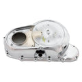Polished chrome motorcycle primary cover with rounded shape and mounting holes.