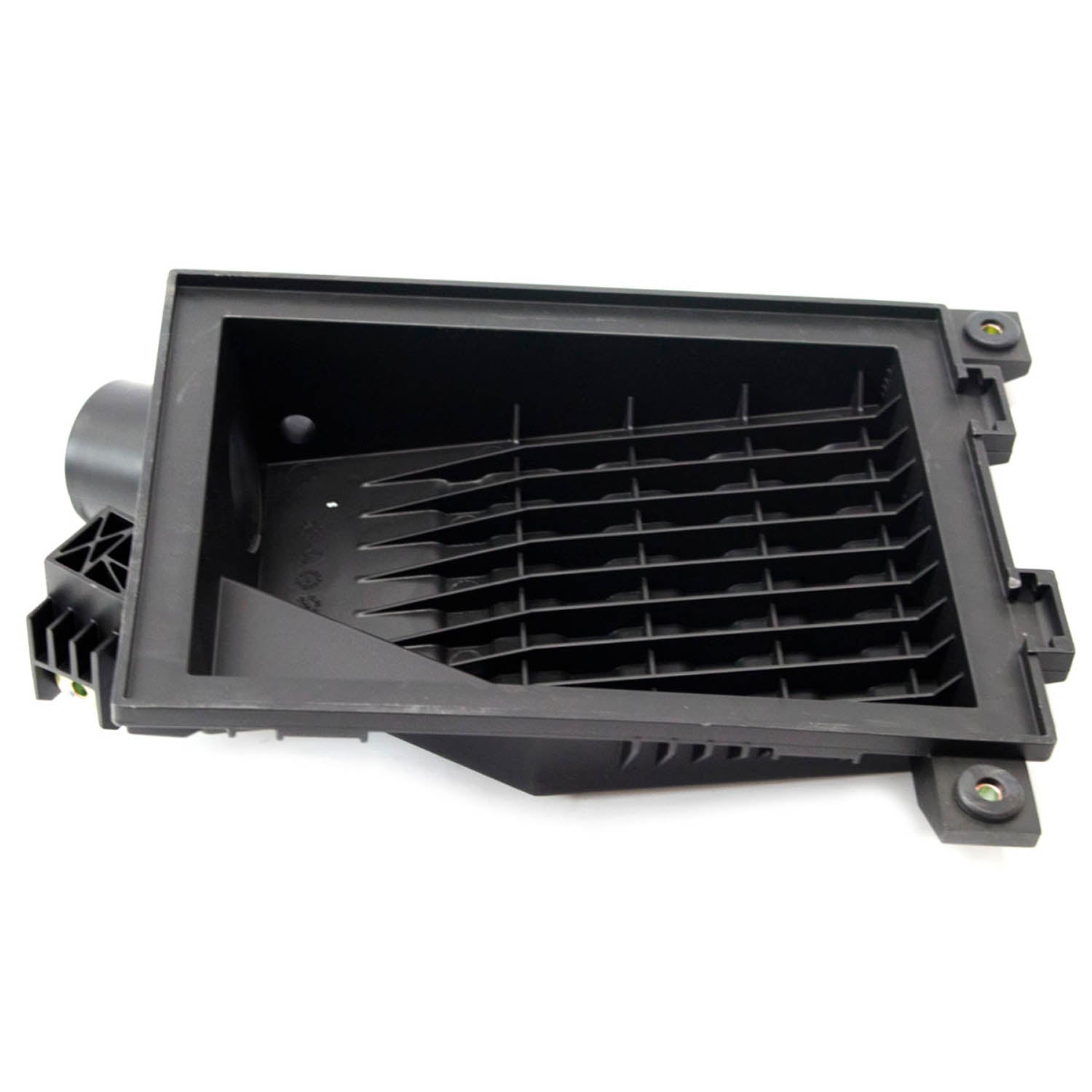 Black rectangular plastic airbox lid with vented grid design and mounting points.