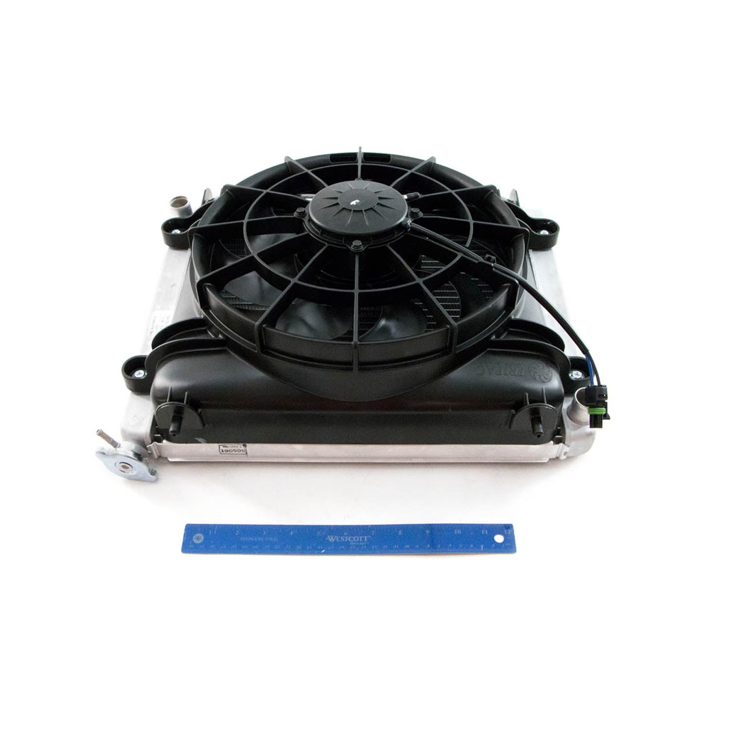 Aluminum Polaris radiator with attached black electric cooling fan and mounting brackets.