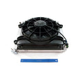 Aluminum Polaris radiator with attached black electric cooling fan and mounting brackets.