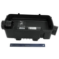 Black rectangular plastic airbox housing with intake and outlet tubes, Polaris OEM part.