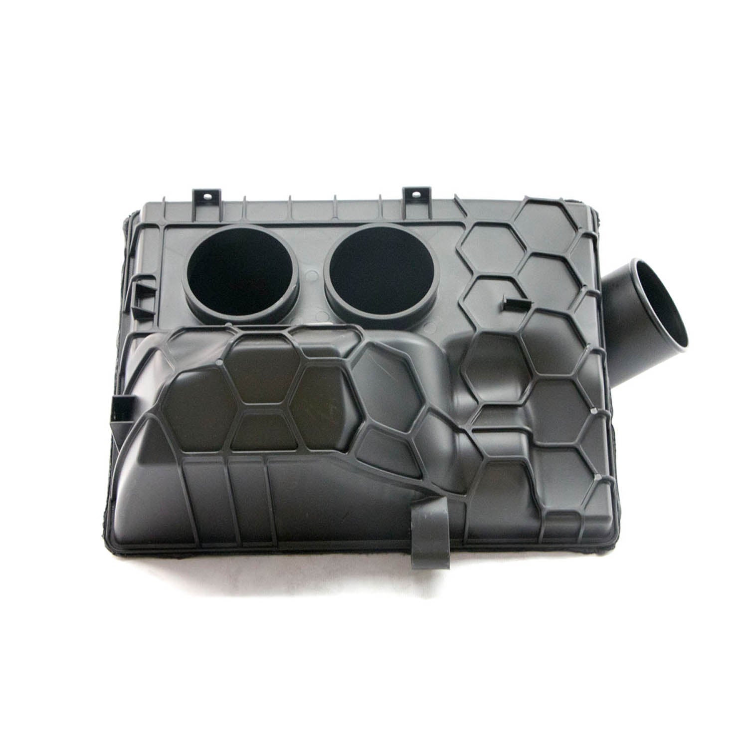 Black plastic intake weld engine housing with hexagonal pattern and multiple round openings.