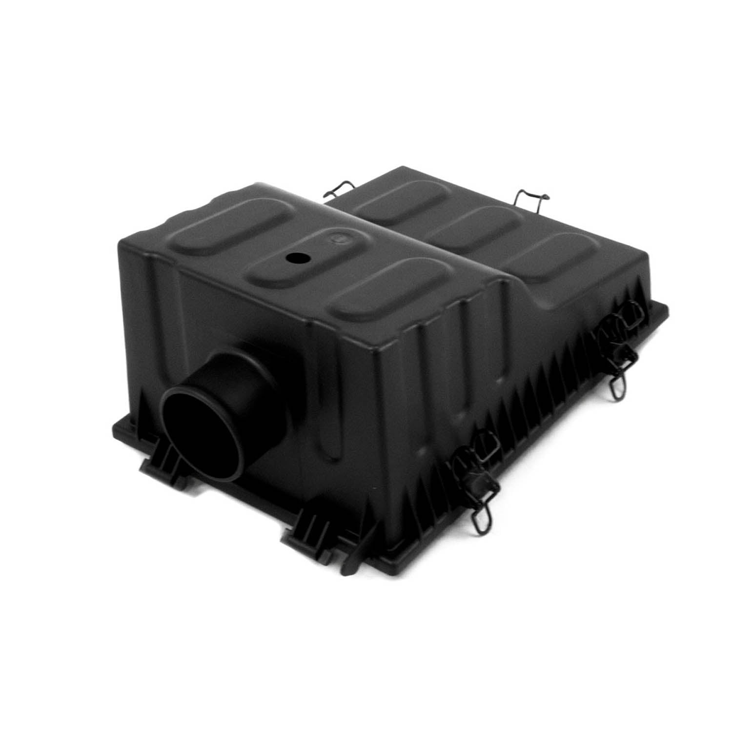 Black rectangular plastic airbox with rounded edges and multiple attachment points.