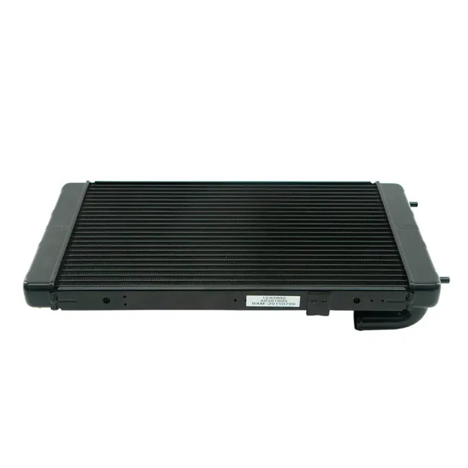 Black rectangular motorcycle radiator with finned cooling design and mounting points on edges.