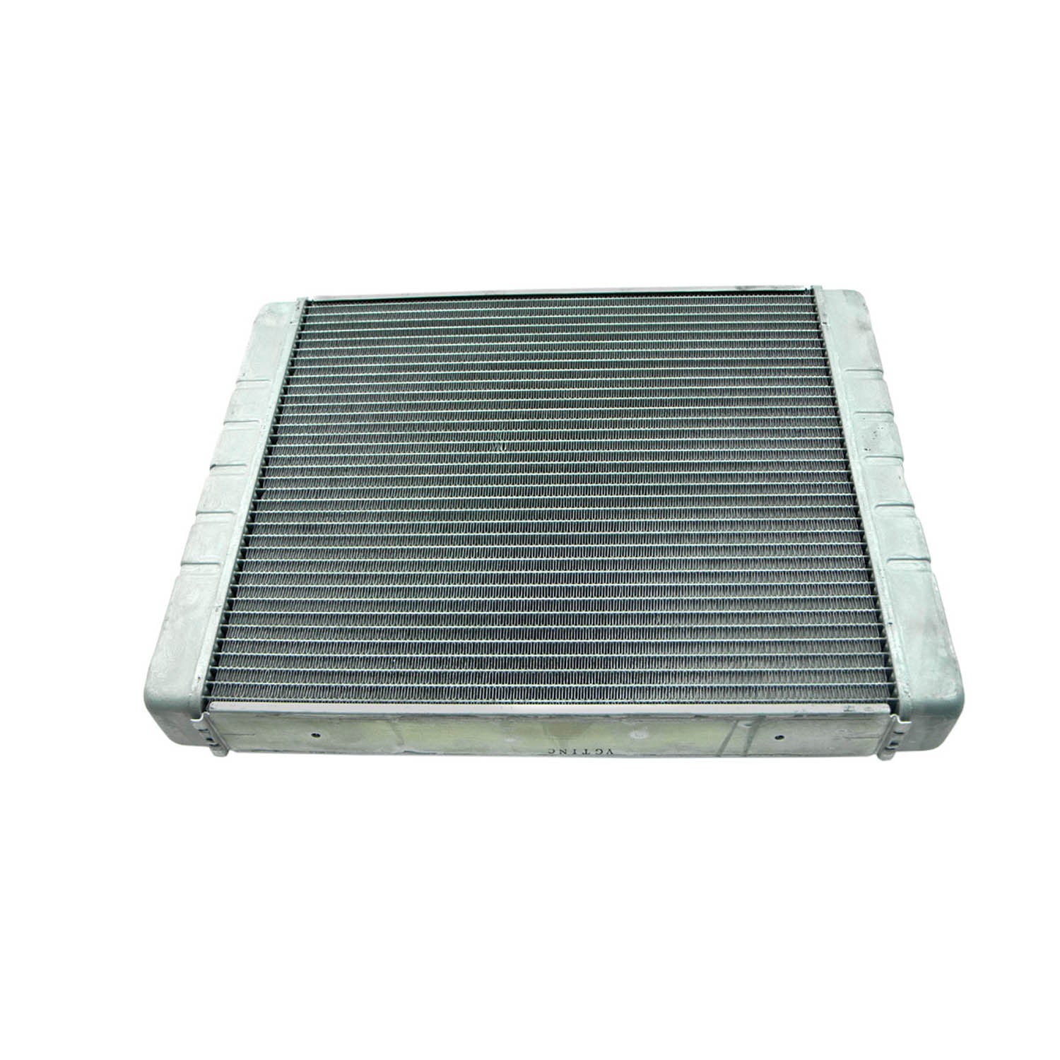 Rectangular metal radiator core with black cooling fins and silver-colored aluminum frame.