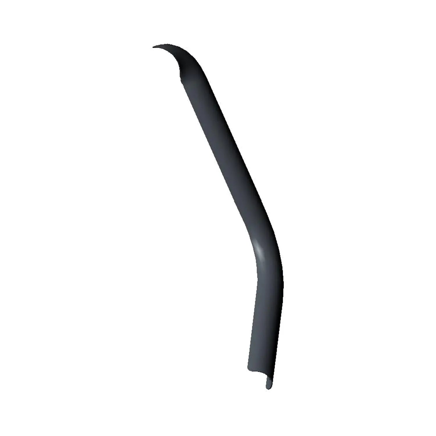 Matte black curved metal exhaust shield with smooth surface and tapered end.