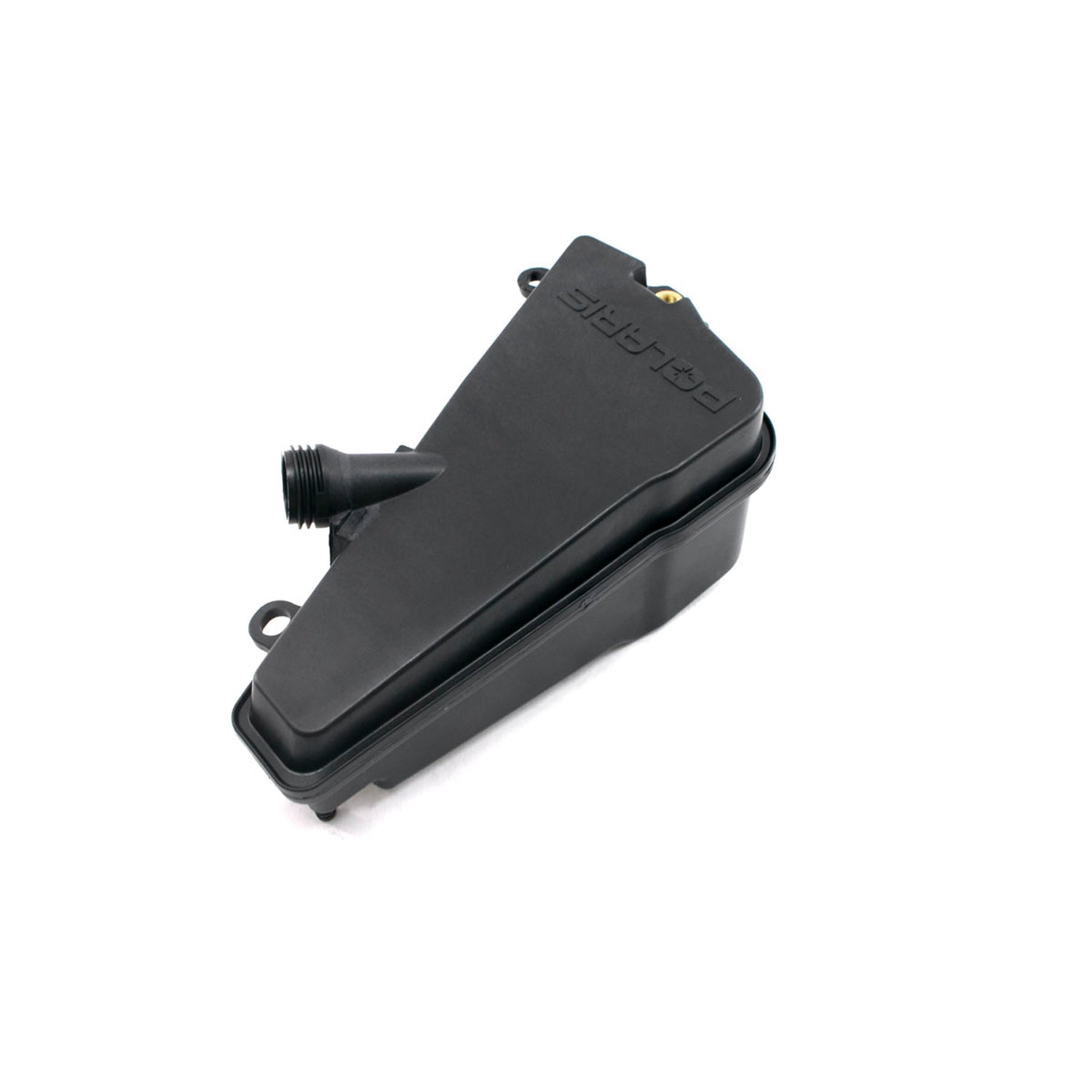 Black triangular plastic oil tank weldment with angled spout and mounting tabs.