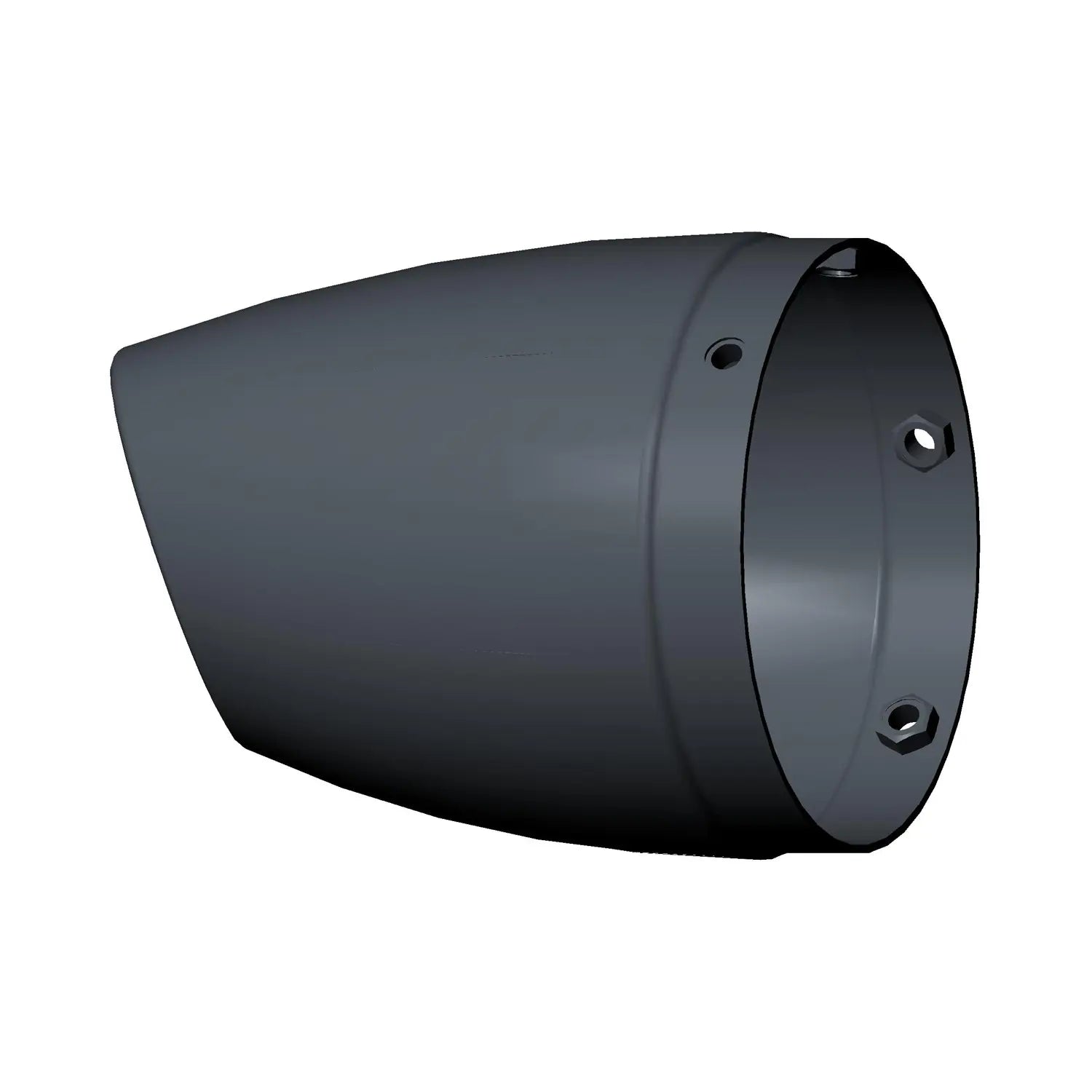 Matte black, slashed tapered cylindrical metal exhaust tip with mounting holes.