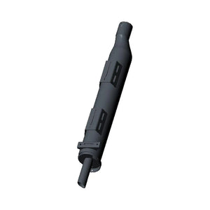 Matte black left-side motorcycle muffler with cylindrical shape and mounting brackets.