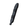 Black metal muffler with heat shields and mounting brackets for motorcycle exhaust system.
