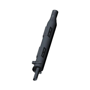 Black cylindrical metal muffler with mounting bracket and exhaust pipe extension.