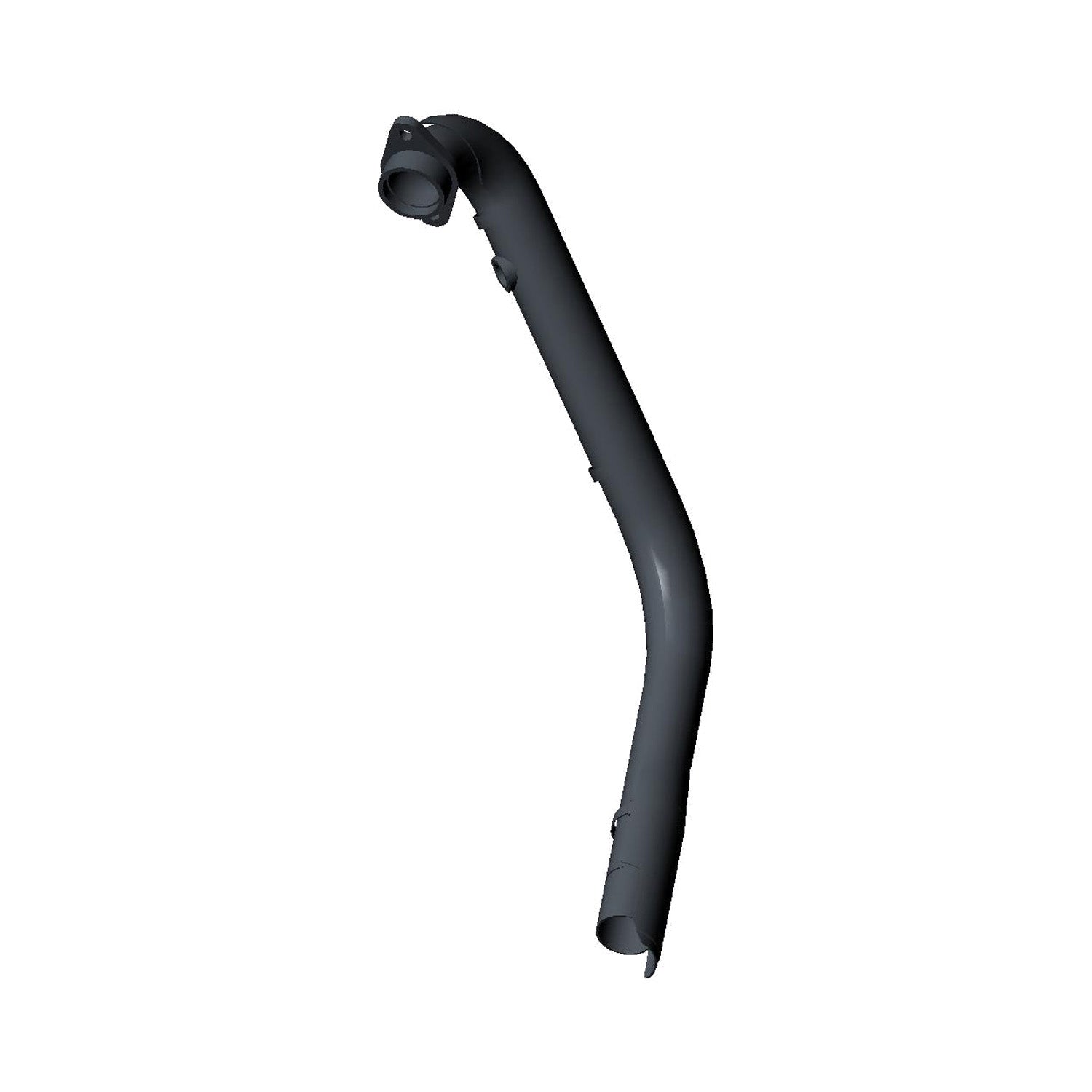 A black, curved plastic pipe with a smooth surface and slight bends is shown on a white background. This resembles the Exhaust Headpipe, Front by Polaris, featuring openings at both ends as seen in OEM Victory Polaris parts.