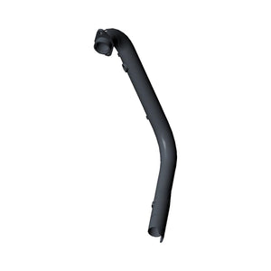 A black, curved plastic pipe with a smooth surface and slight bends is shown on a white background. This resembles the Exhaust Headpipe, Front by Polaris, featuring openings at both ends as seen in OEM Victory Polaris parts.