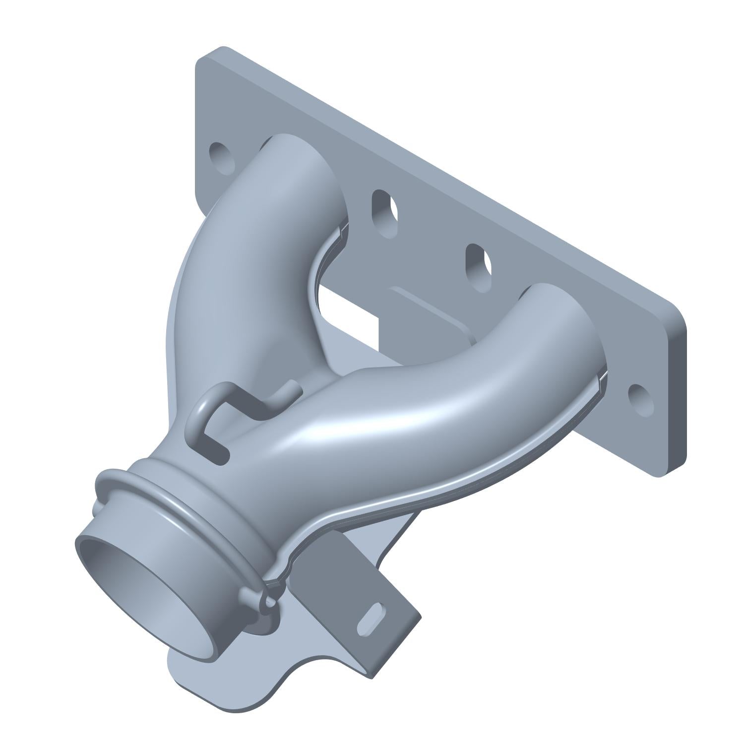Silver metal manifold with dual curved tubes merging into one outlet and a flat mounting flange with four bolt holes.