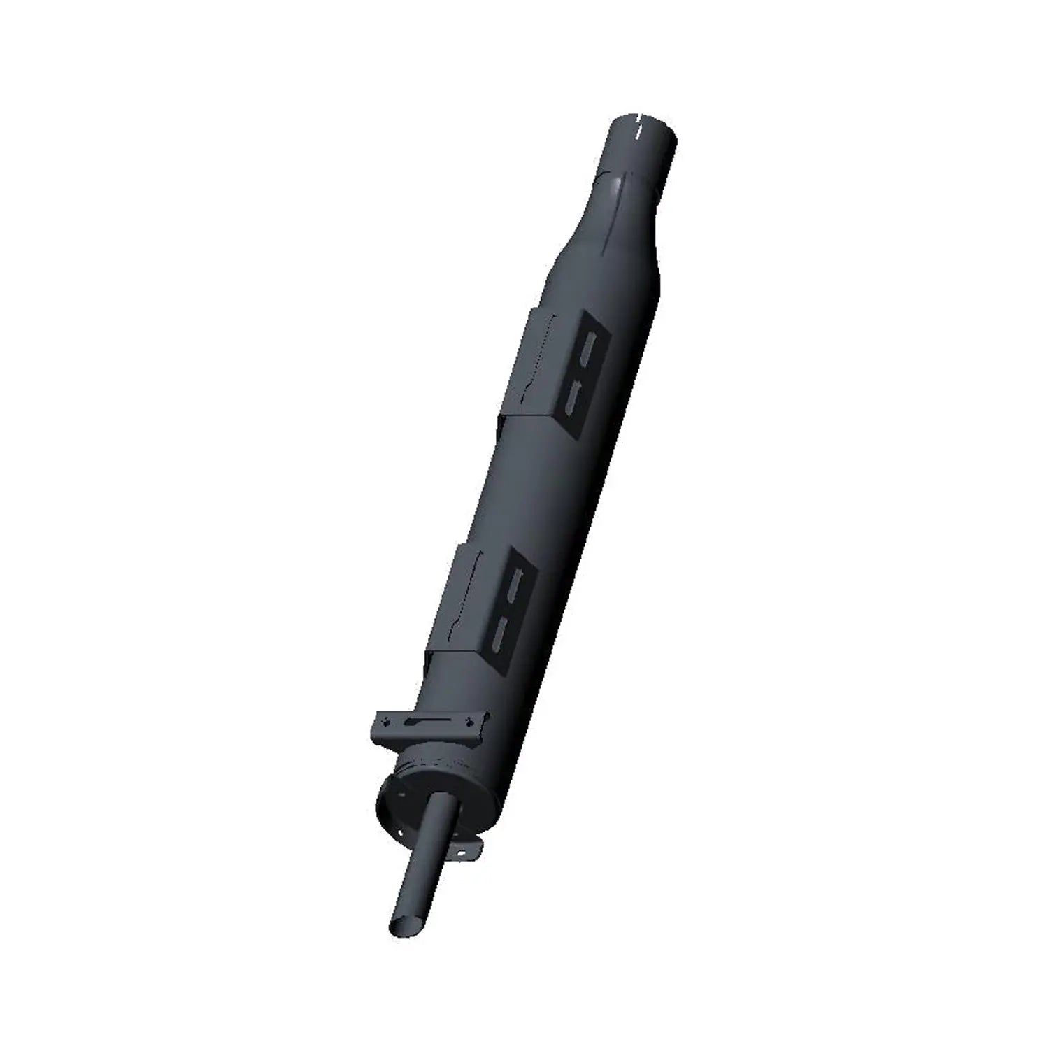 Black metal motorcycle muffler with heat shields and mounting bracket, right side design.