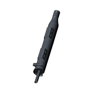 Black metal motorcycle muffler with heat shields and mounting bracket, right side design.