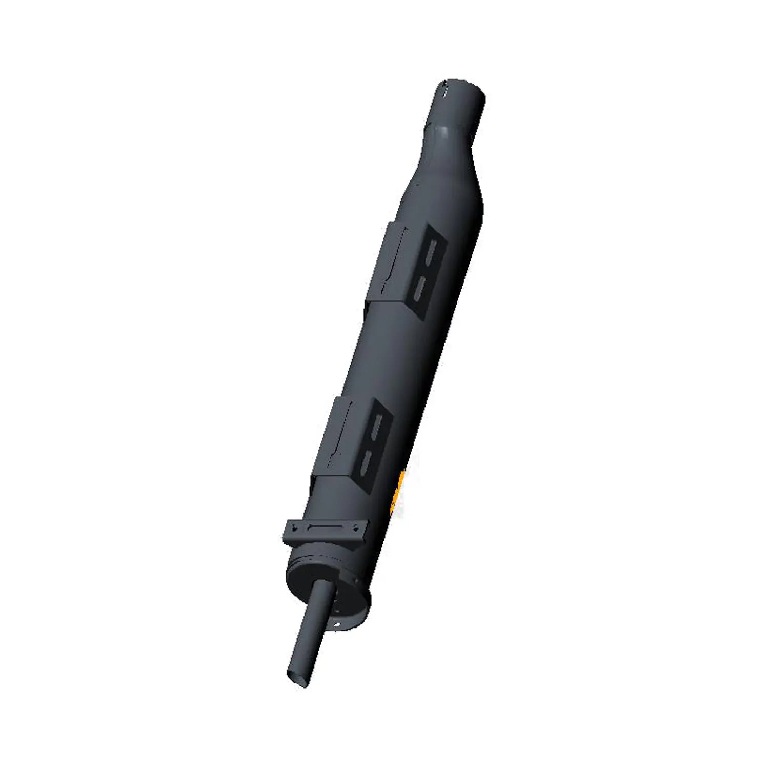 Black cylindrical motorcycle muffler with integrated catalyst, featuring mounting brackets and a tapered exhaust pipe end.