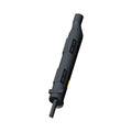 Black cylindrical motorcycle muffler with integrated catalyst, featuring mounting brackets and a tapered exhaust pipe end.
