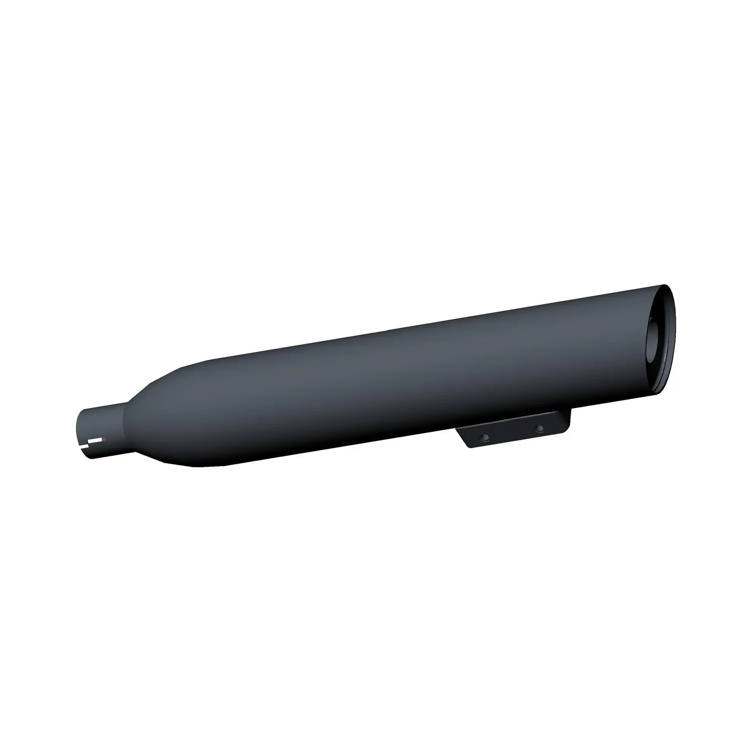 Matte black cylindrical rear motorcycle muffler with tapered end and mounting bracket.