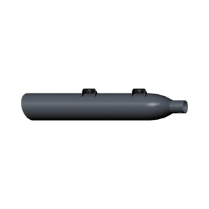 Matte black cylindrical front muffler with two mounting brackets and tapered end pipe.
