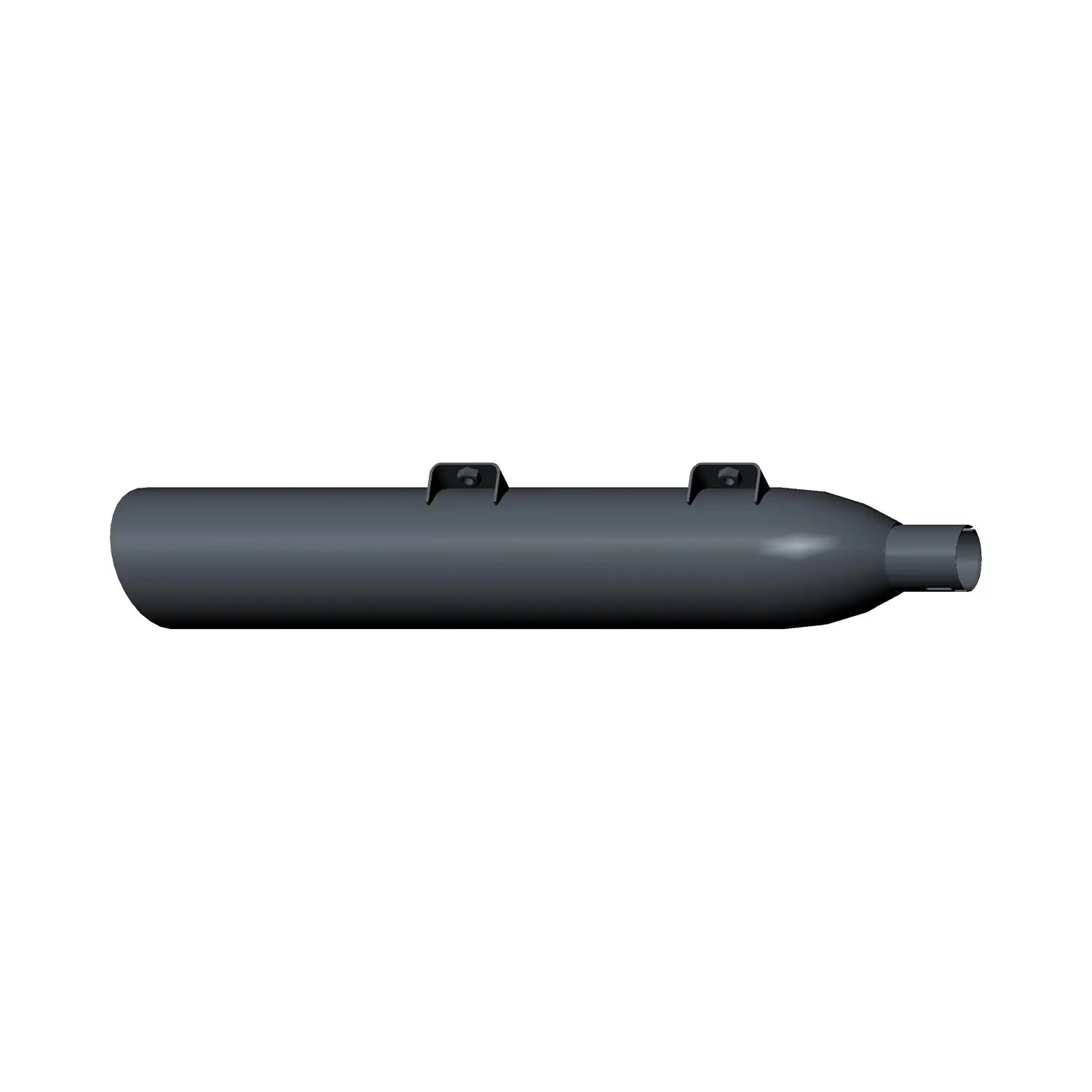 Black cylindrical front motorcycle muffler with smooth matte finish and two mounting brackets.