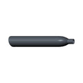 Black cylindrical motorcycle rear muffler with a slim tapered outlet and smooth matte finish.