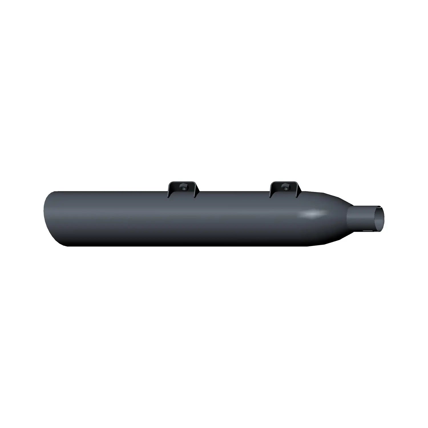 Black cylindrical front muffler with smooth finish and two mounting brackets.