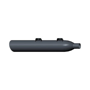 Black cylindrical front muffler with smooth finish and two mounting brackets.