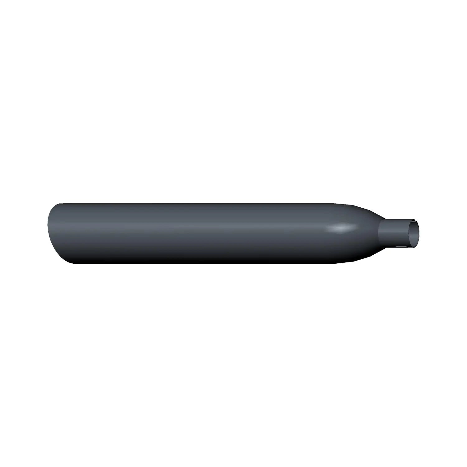 Black cylindrical rear muffler with smooth matte finish and tapered outlet end.