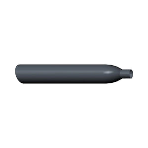Black cylindrical rear muffler with smooth matte finish and tapered outlet end.