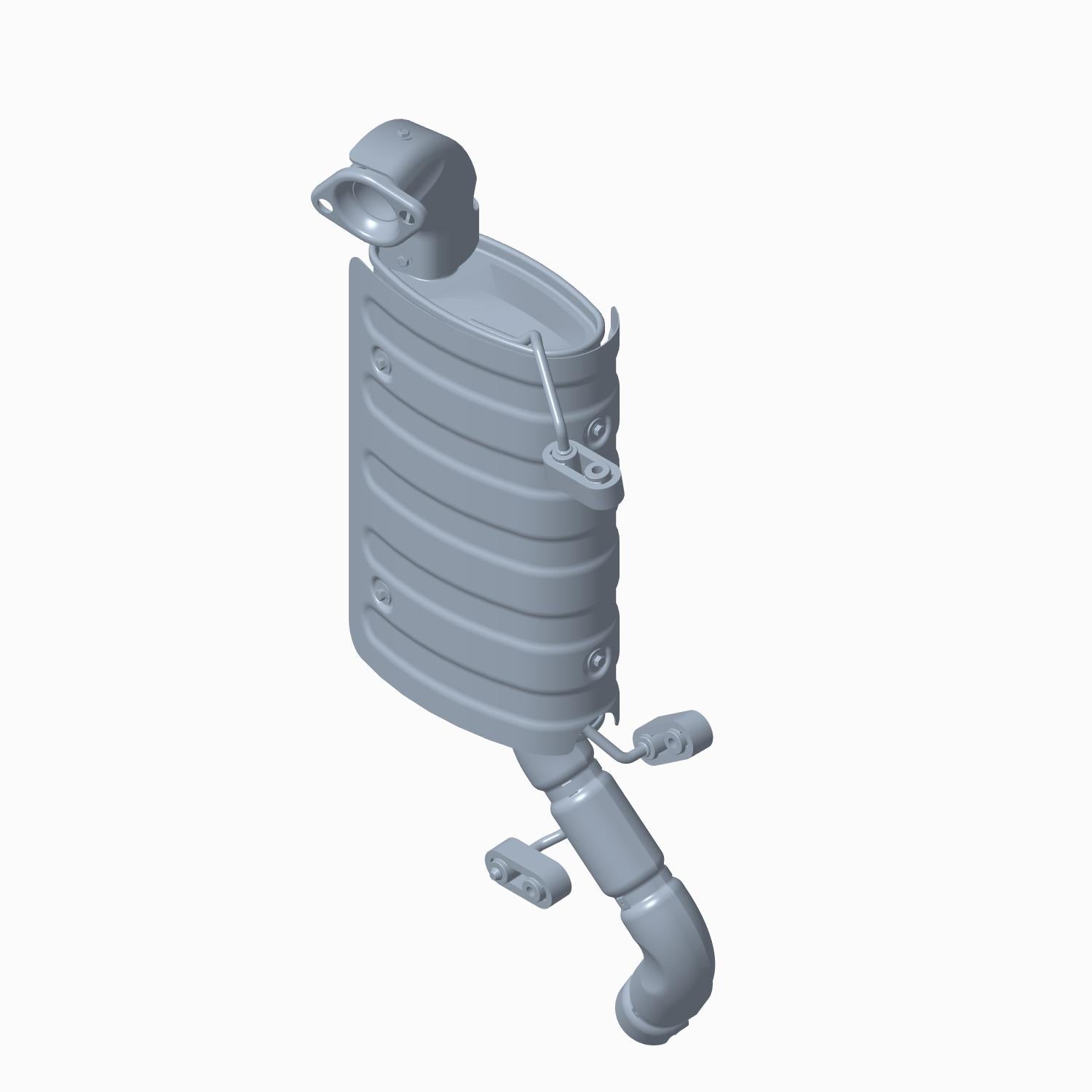 Matte gray metal silencer muffler with ribbed cylindrical body and curved exhaust pipe attachment.