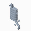 Matte gray metal silencer muffler with ribbed cylindrical body and curved exhaust pipe attachment.
