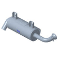 Gray metal cylindrical silencer with mounting brackets and curved outlet pipe.