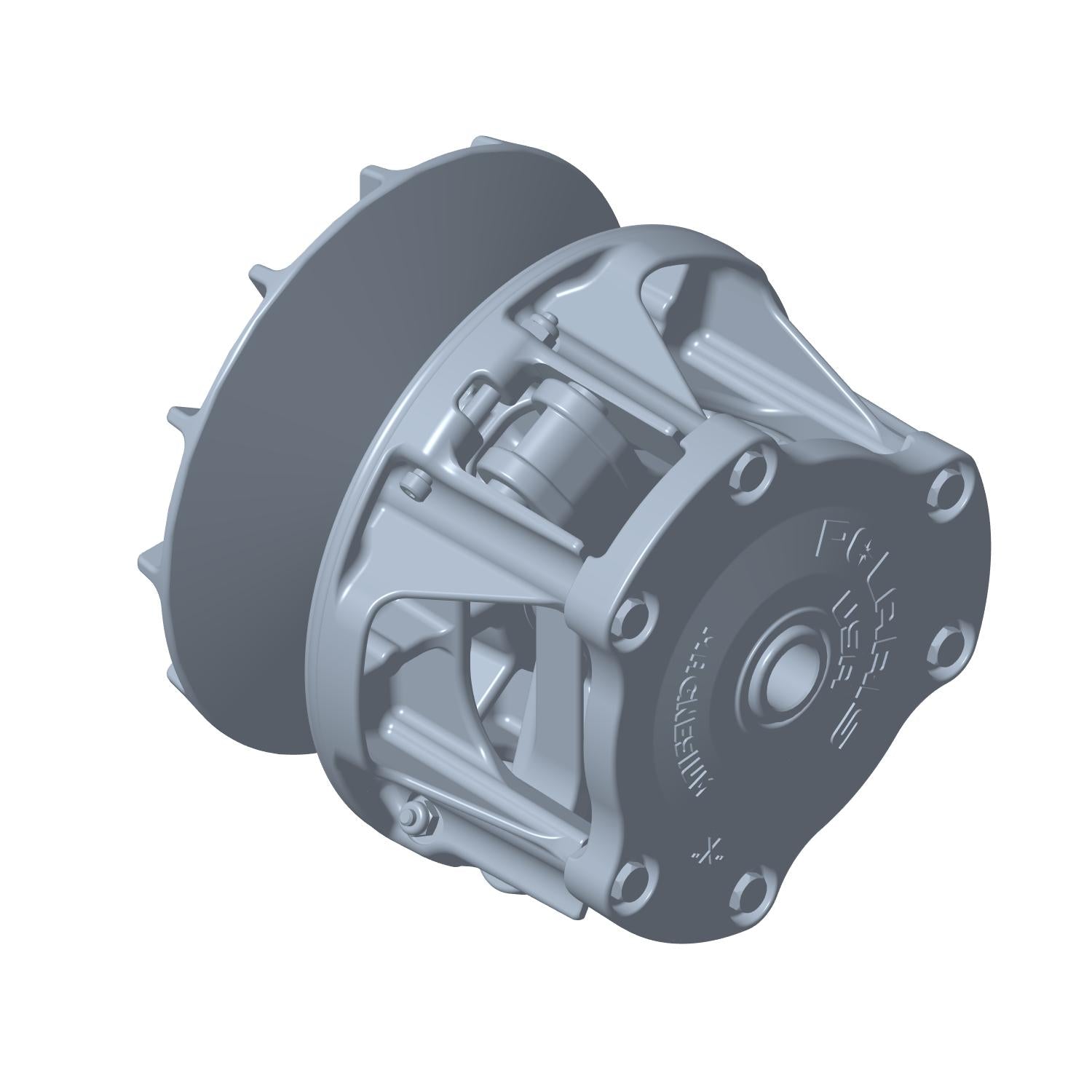 Gray metal Ebs Clutch Wide 21 with circular housing and mounting points for Polaris ATV.