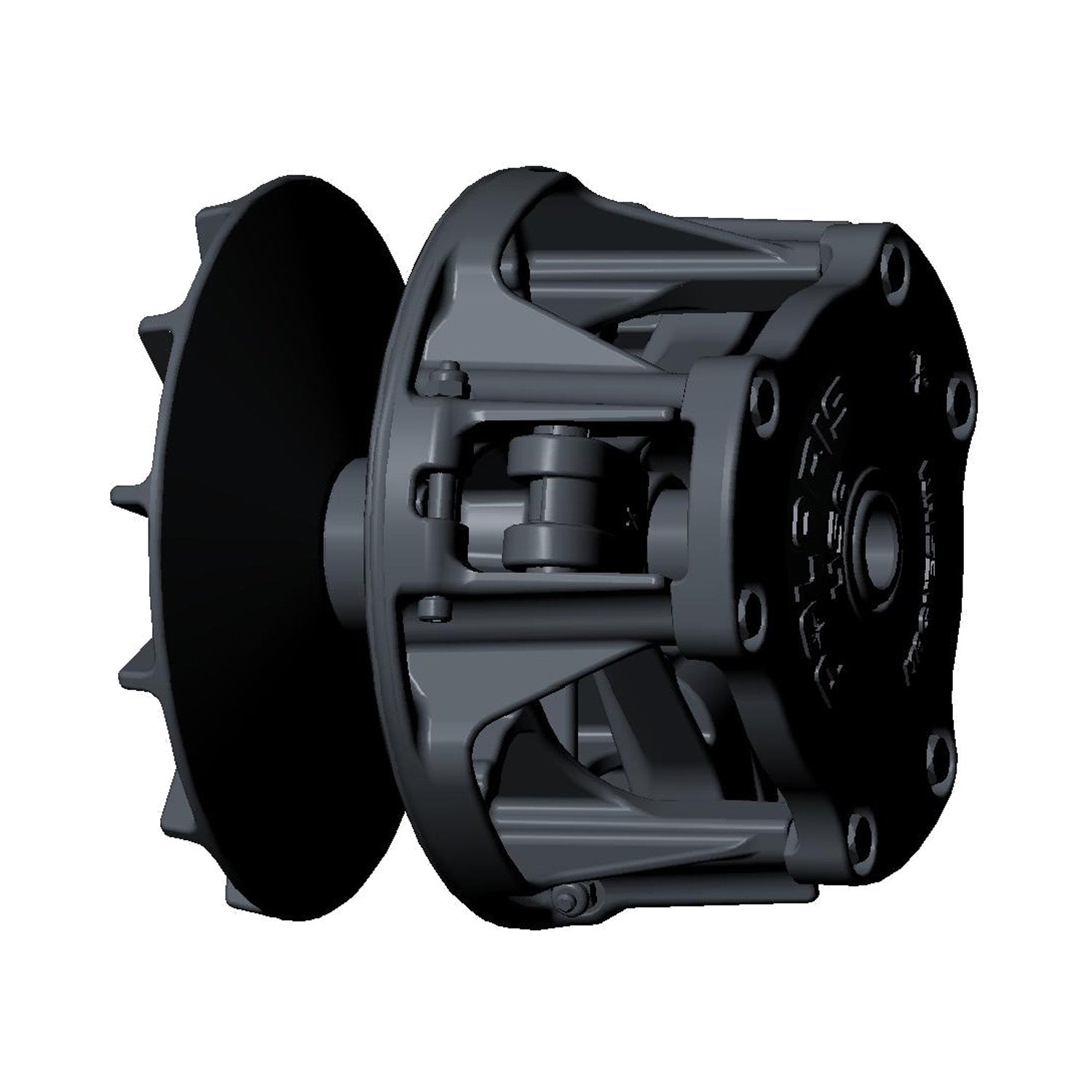 Black metal Polaris EBS drive clutch with ventilated side, circular mounting plate, and reinforced ribs.