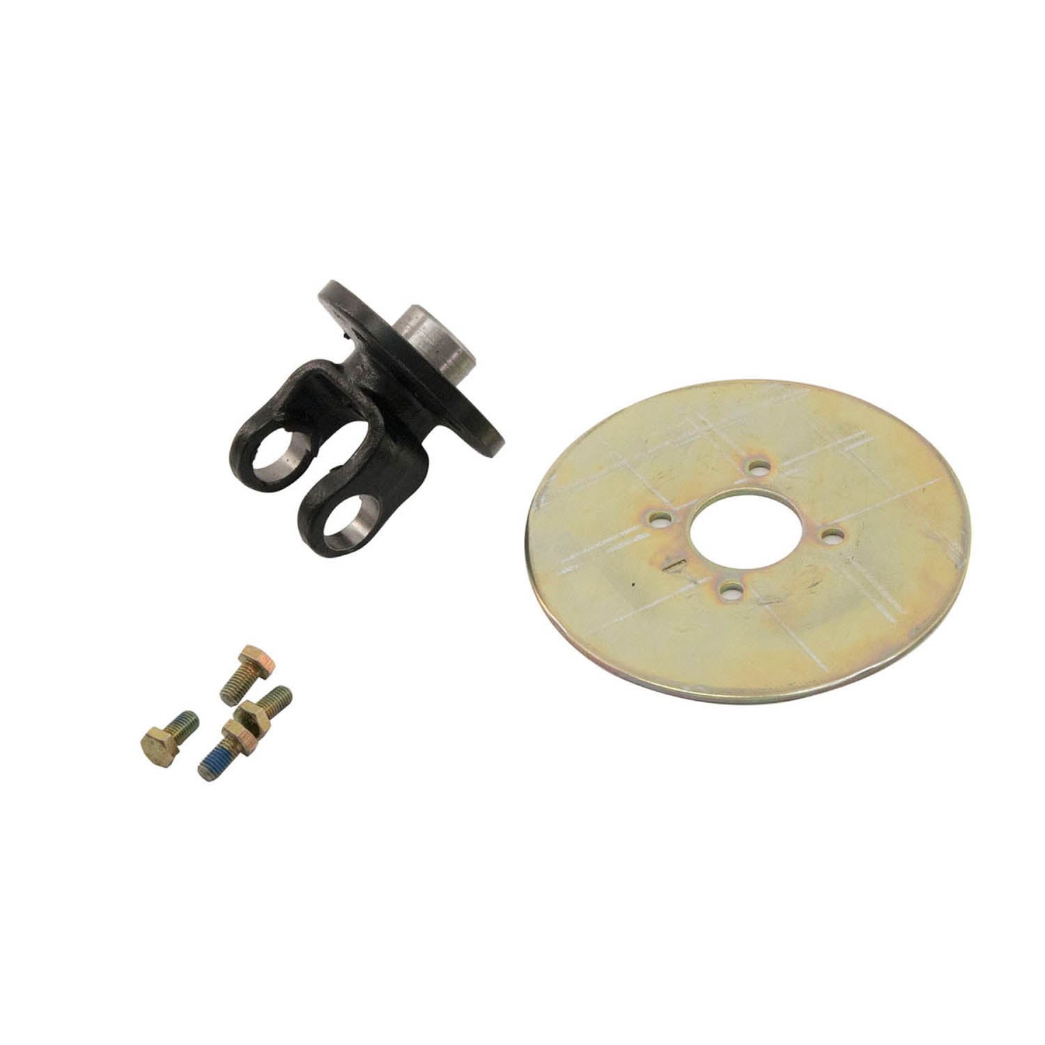 Black metal flanged prop shaft yoke with round steel plate and three mounting bolts.