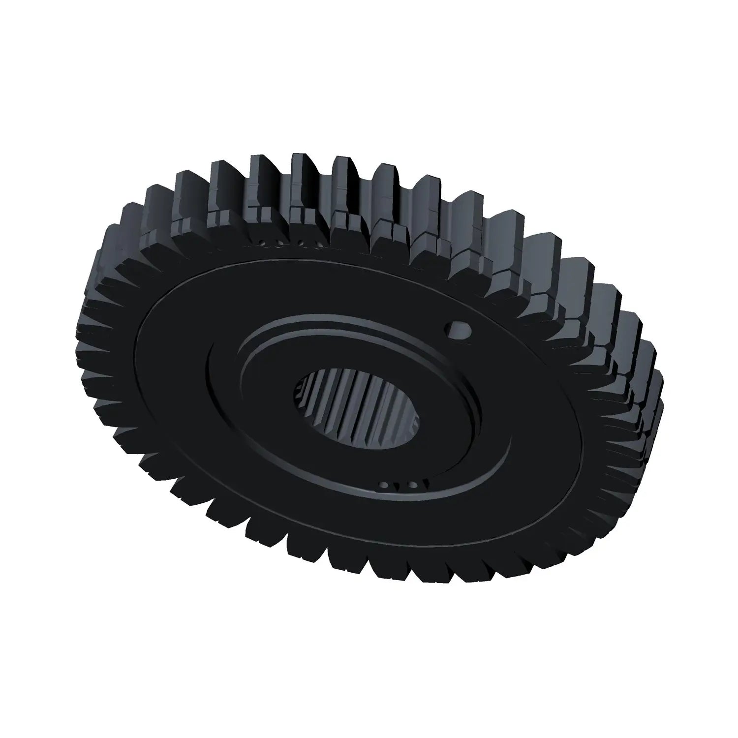 Black metal split gear with evenly spaced teeth and central splined hole for motorcycle transmission.