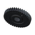 Black metal split gear with evenly spaced teeth and central splined hole for motorcycle transmission.