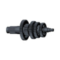 Black metal six-speed mainshaft with multiple gear clusters and splined ends.