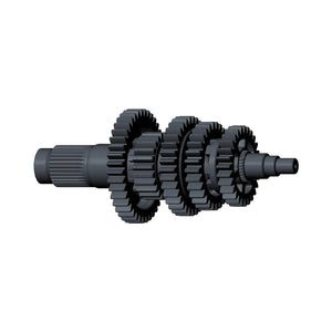 Black metal six-speed mainshaft with multiple gear clusters and splined ends.