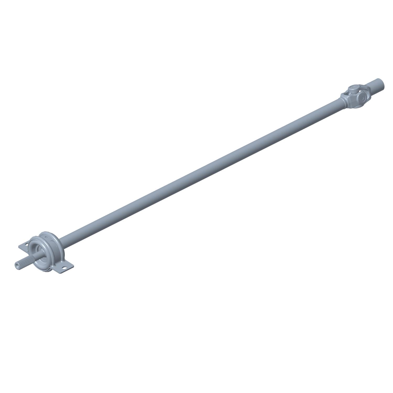 Gray metal rear prop/drive shaft with universal joints and mounting brackets on both ends.