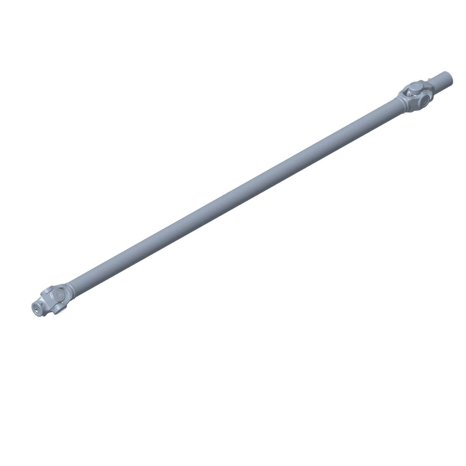 Gray metal front propeller drive shaft with universal joints on both ends for off-road vehicle assembly.