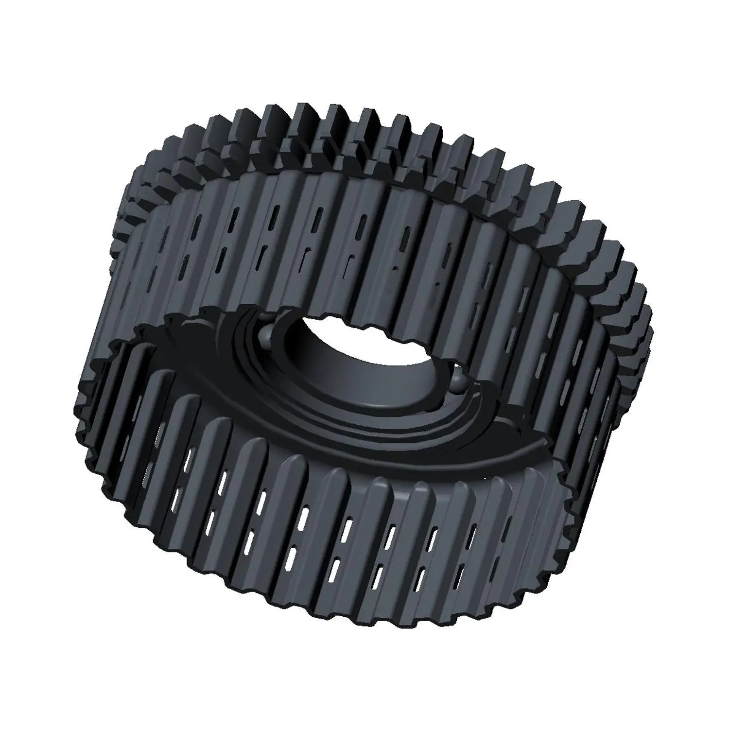 A close-up CGI shows the black Clutch Basket/Gear [Includes 3,4] by Polaris with vertical slots and edge teeth, viewed at an angle on a white background—perfect for OEM Victory Polaris or Victory motorcycle parts.