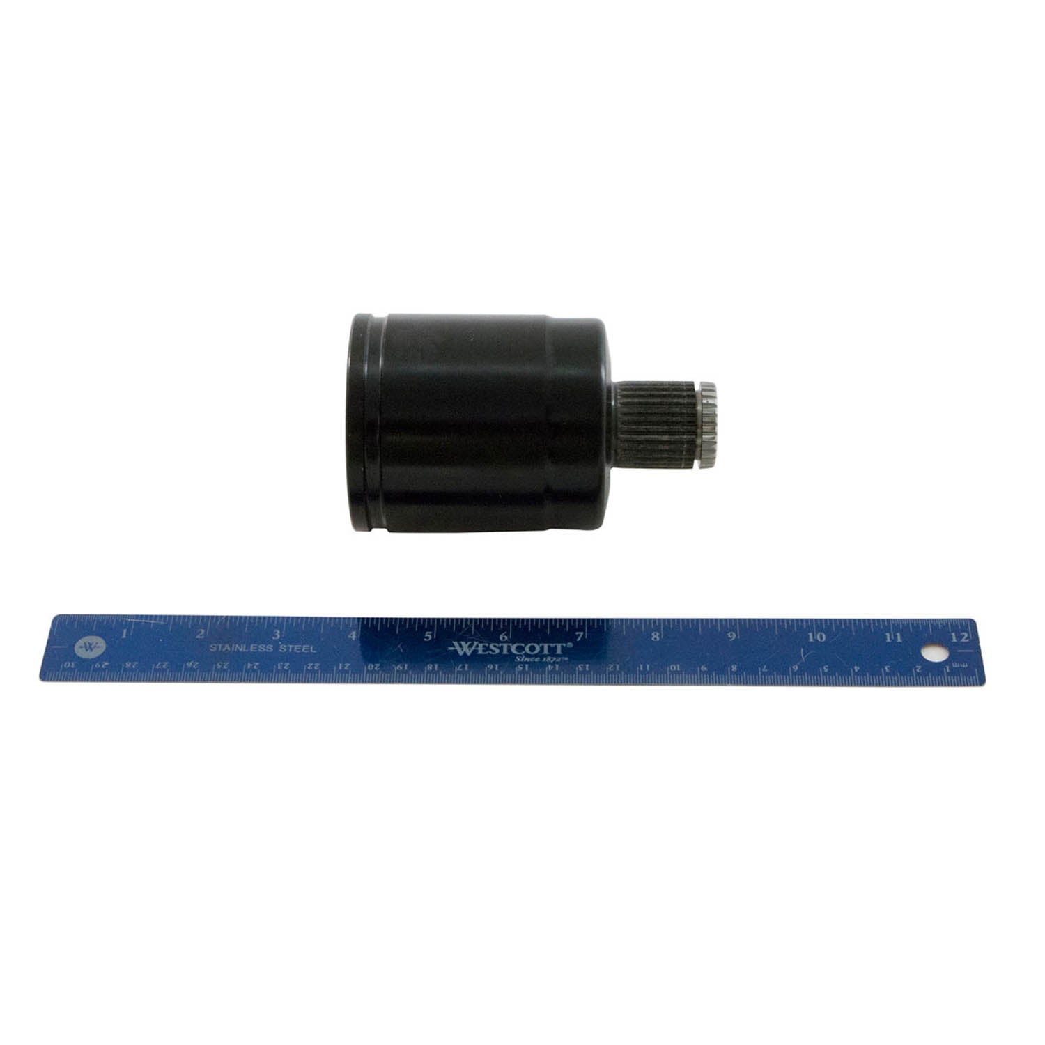 Black cylindrical axle joint with splined metal shaft next to blue 12-inch ruler.