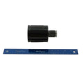 Black cylindrical axle joint with splined metal shaft next to blue 12-inch ruler.