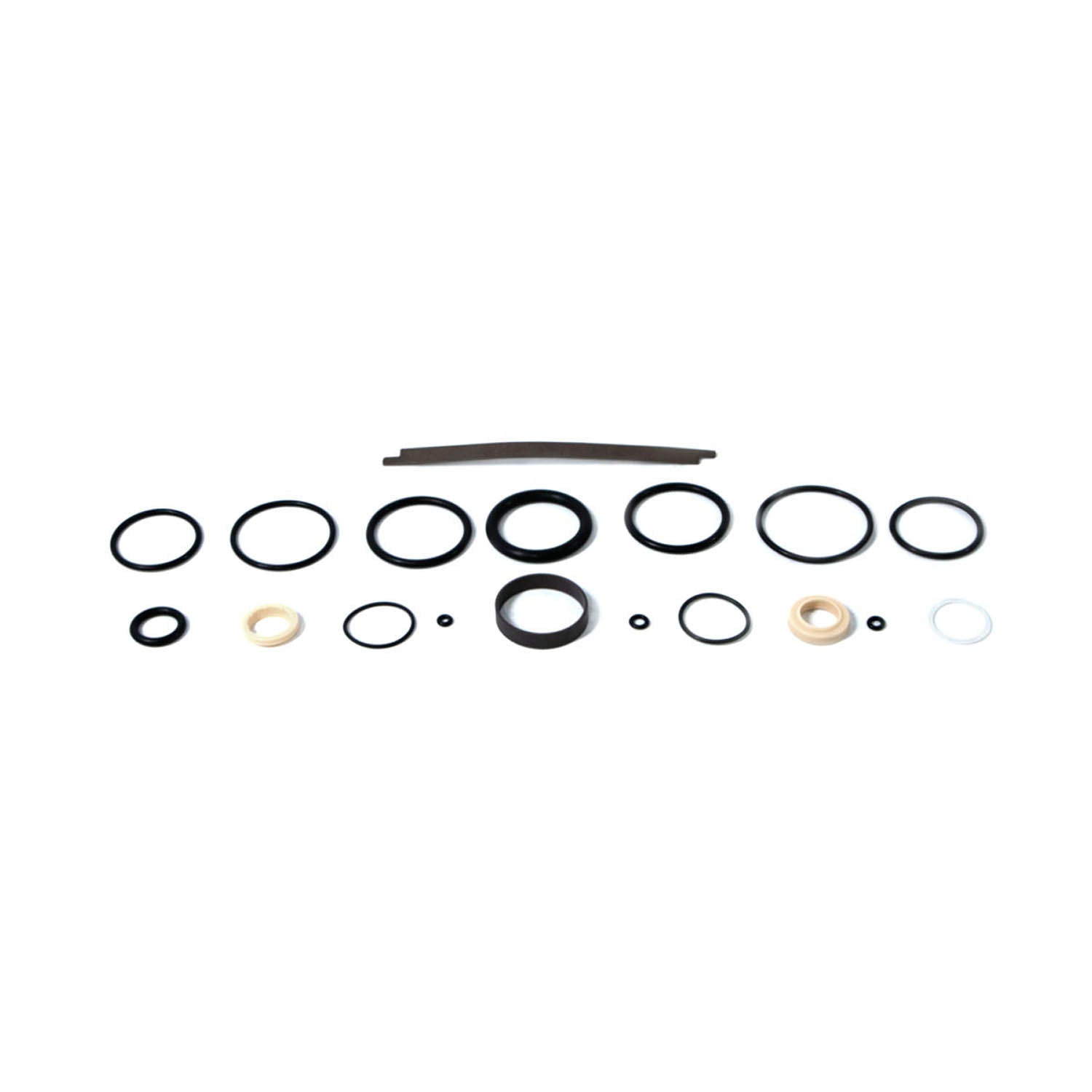 Assorted black rubber and metal seals and O-rings of various sizes for Polaris rebuild kit, laid out in a row.