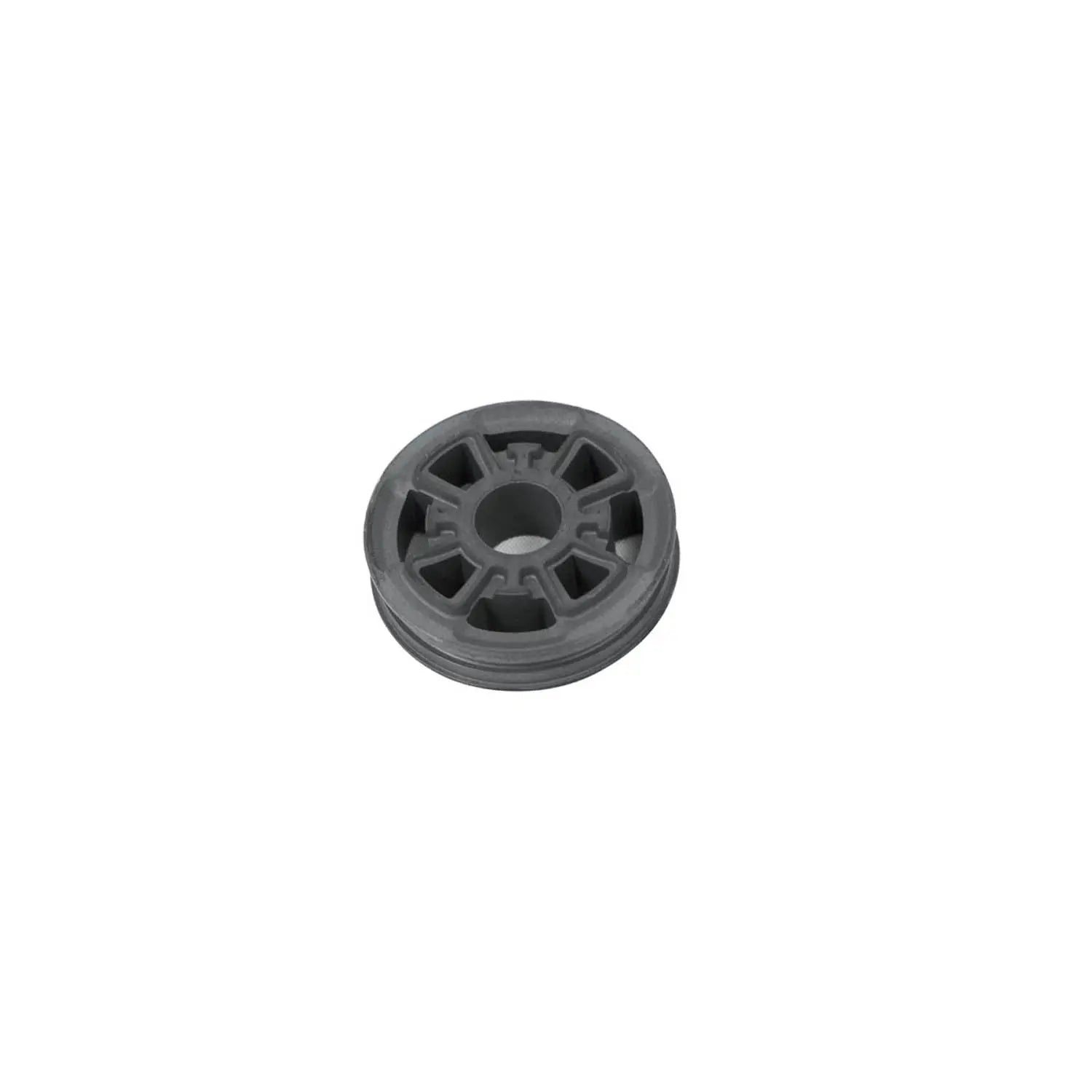 Black circular Polaris piston with central hole and radial cutouts, metal material.